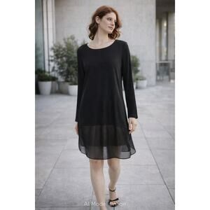 Eileen Fisher Petite Black Long Sleeve Sheer Hem Tunic Dress PL